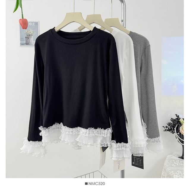 Ruffled Lace Trim Long-Sleeved Tee
