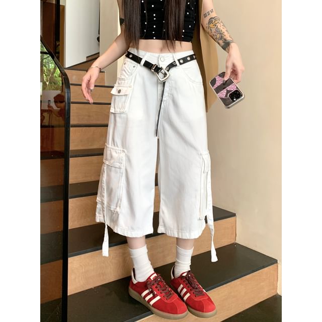 Mid Rise Washed Capri Wide Leg Cargo Jorts