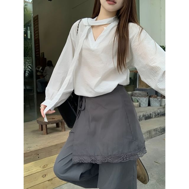 Striped Blouse with Wide Leg Pants and Apron Skirt Set