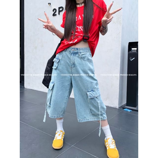 Mid Rise Washed Capri Wide Leg Cargo Jorts