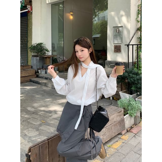 Striped Blouse with Wide Leg Pants and Apron Skirt Set