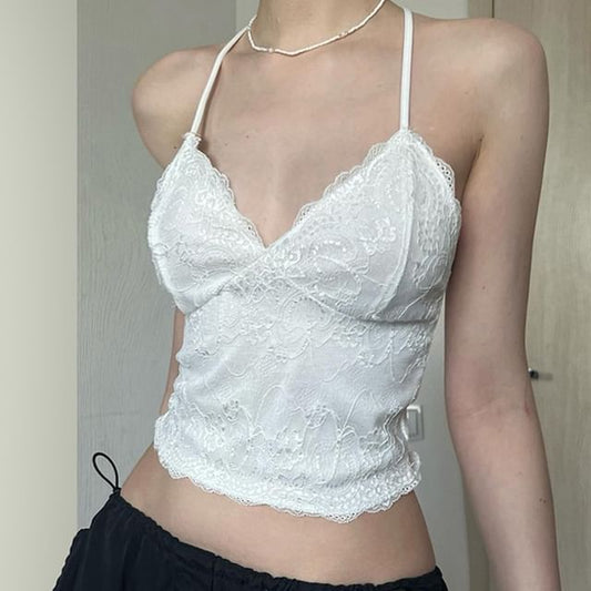 Lace Halter Neck Open-Back Cropped Top