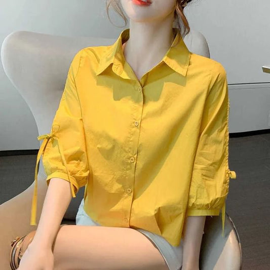 Elbow-Sleeve Lace-Up Plain Shirt
