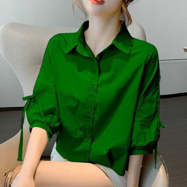Elbow-Sleeve Lace-Up Plain Shirt