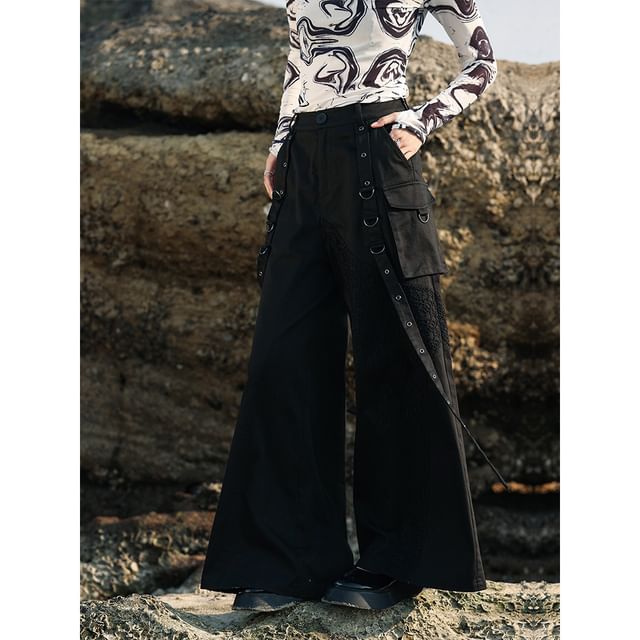 High Rise Plain Grommet Wide Leg Cargo Pants