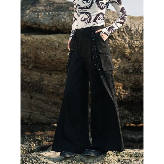High Rise Plain Grommet Wide Leg Cargo Pants