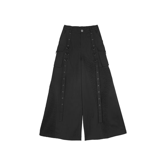 High Rise Plain Grommet Wide Leg Cargo Pants