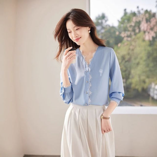 V-Neck Lace Trim Long-Sleeved Blouse