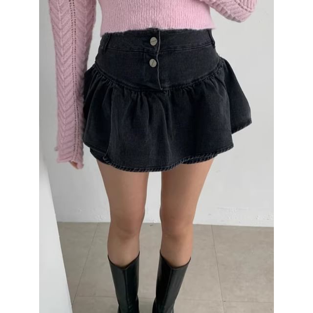 High Waist Button Fly Denim Mini A-Line Skort