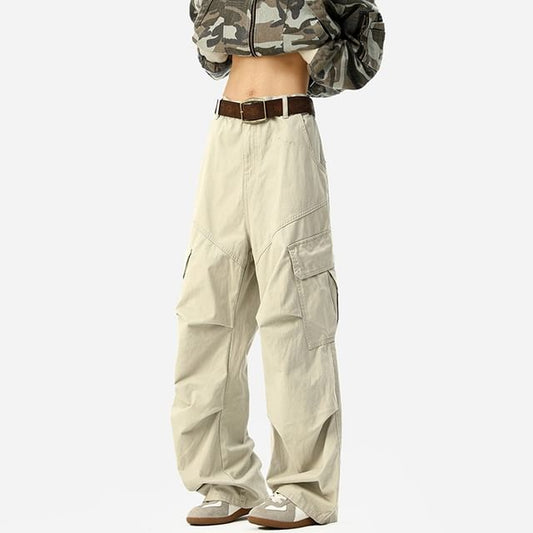 Mid Waist Plain Ruched Straight Leg Cargo Pants
