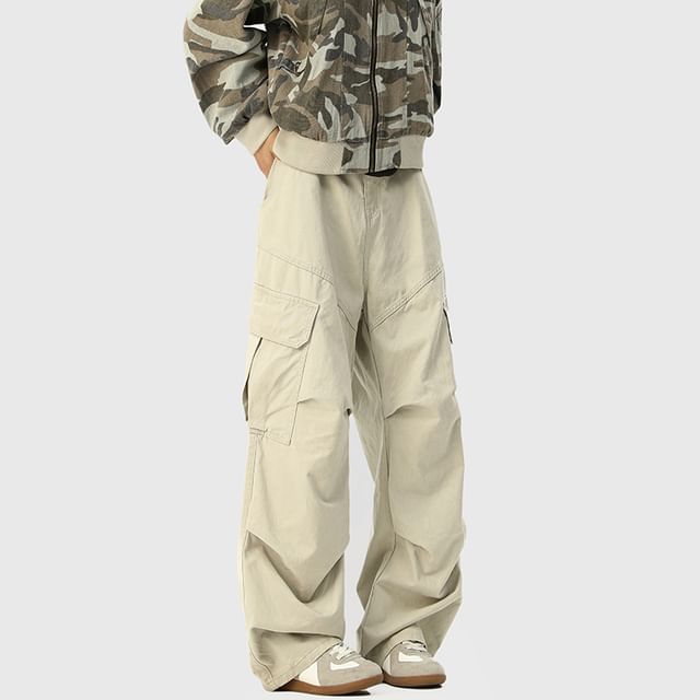 Mid Waist Plain Ruched Straight Leg Cargo Pants