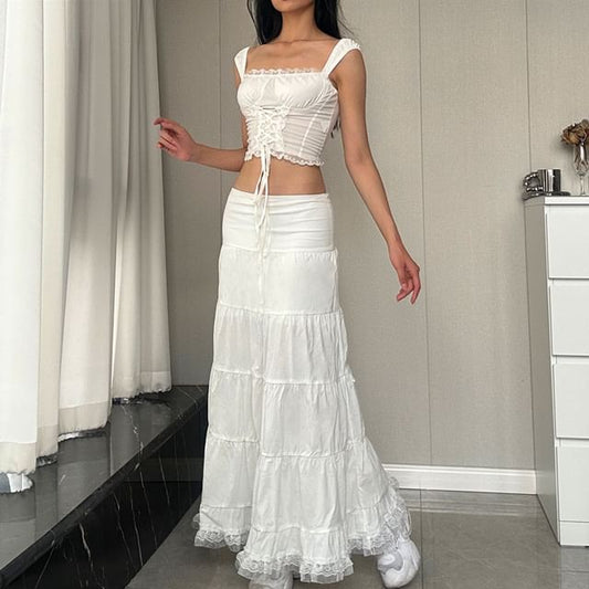 Lace-Up Trim Cami and Drawstring Waist Tiered Maxi Skirt