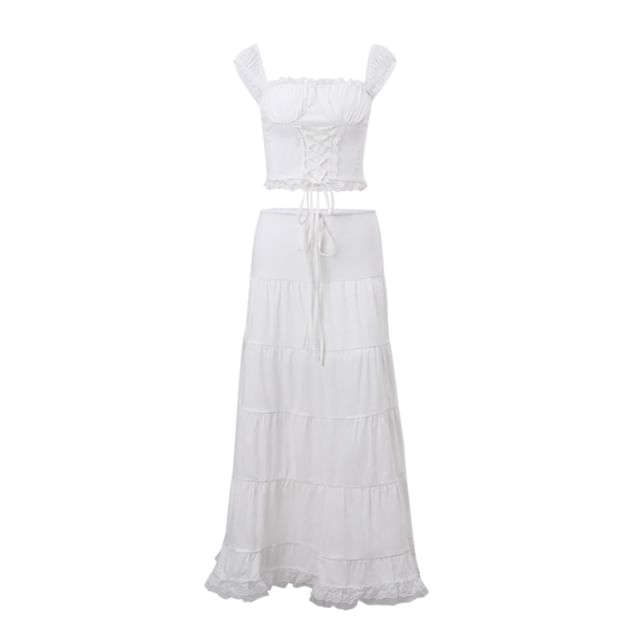 Lace-Up Trim Cami and Drawstring Waist Tiered Maxi Skirt