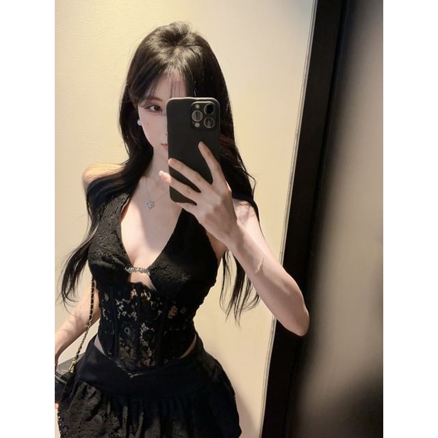 Halter Lace Bustier Top & Mini A-Line Skirt