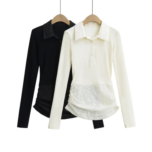 Lace Panel Long-Sleeved Polo Knit Shirt