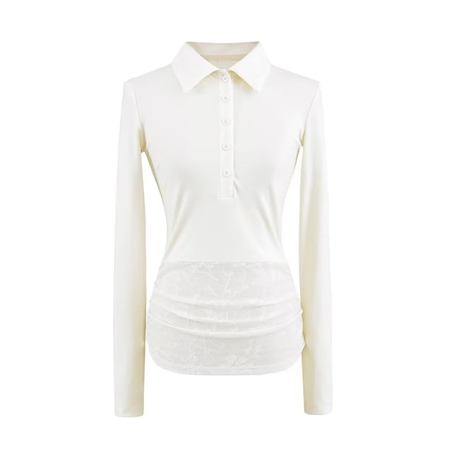 Lace Panel Long-Sleeved Polo Knit Shirt