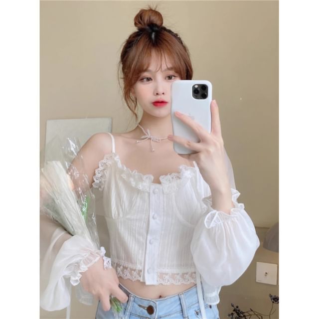 Ruffle Trim Crop Jacket & Lace Camisole Set