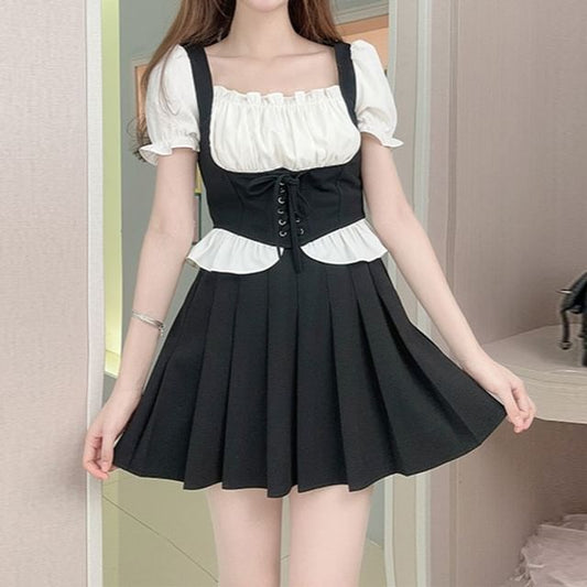 Two-Tone Puff-Sleeve Square Neck Lace-Up Blouse