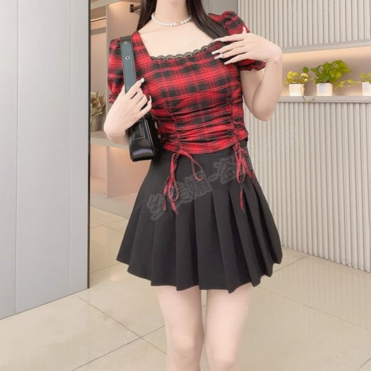 Plaid Puff-Sleeve Square Neck Lace-Trim Drawstring Blouse