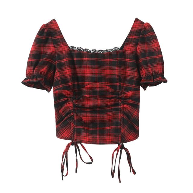 Plaid Puff-Sleeve Square Neck Lace-Trim Drawstring Blouse