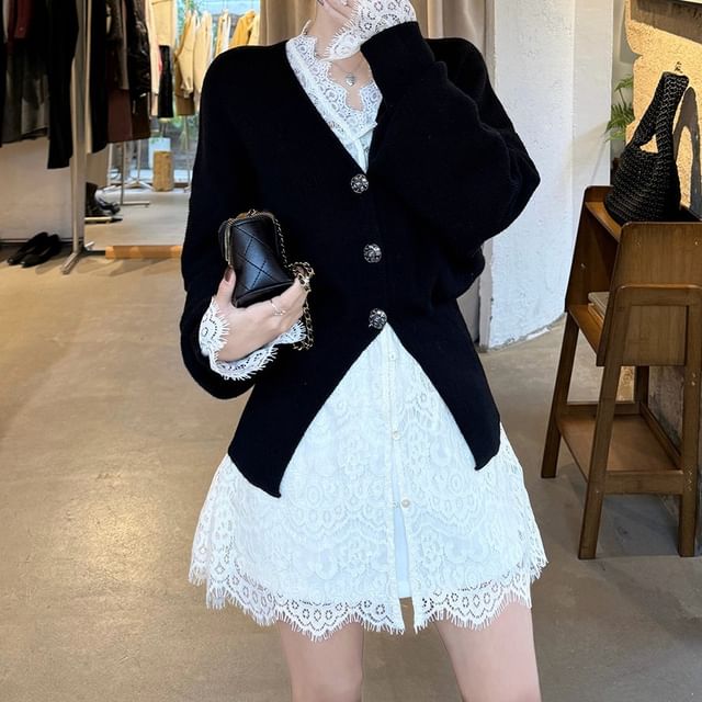 Button-Up Lace Blouse with Slit Cardigan