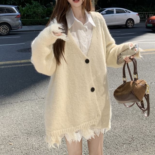 Collared Lace Blouse with Fringed Cardigan