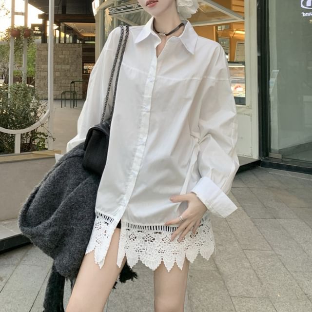 Collared Lace Blouse with Fringed Cardigan