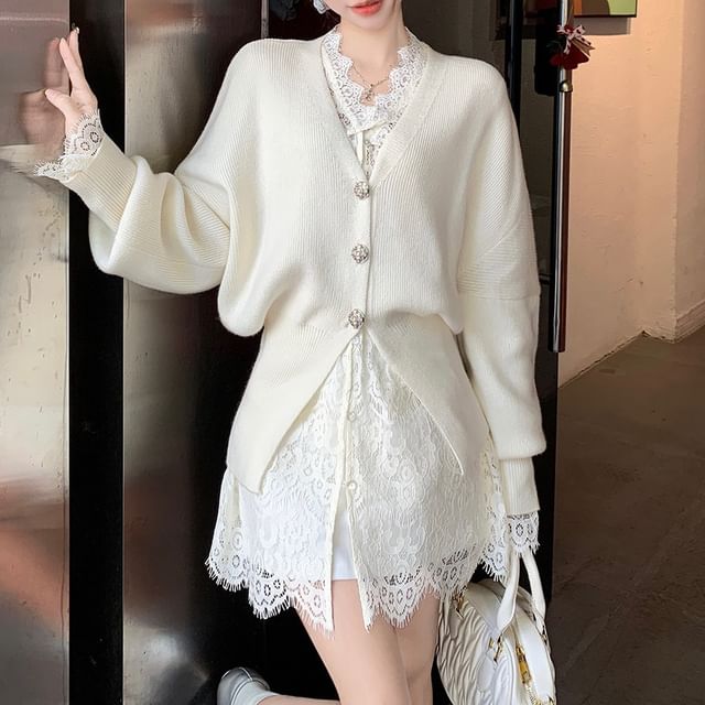 Button-Up Lace Blouse with Slit Cardigan