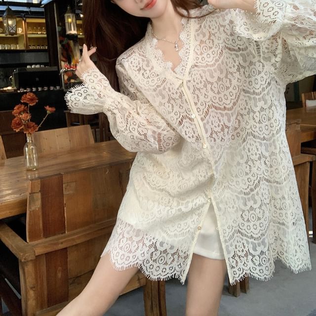 Button-Up Lace Blouse with Slit Cardigan
