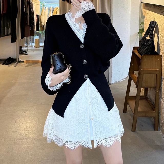 Button-Up Lace Blouse with Slit Cardigan