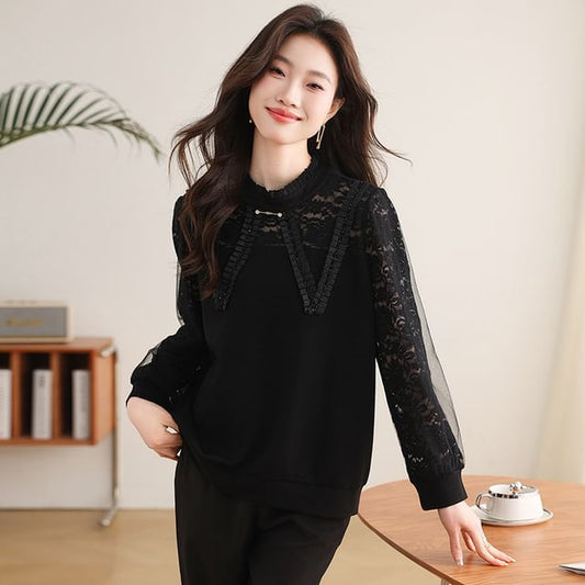 Long-Sleeved Lace Panel Frill Pullover