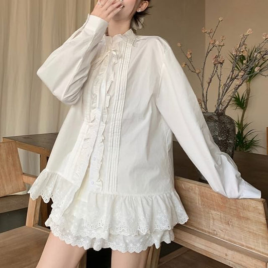 Stand Collar Eyelet Lace Pintuck Button-Up Blouse & Mini Skort