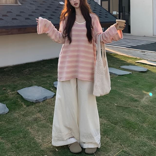 Striped Oversized Scoop Neck Tee & Lace Wide-Leg Pants