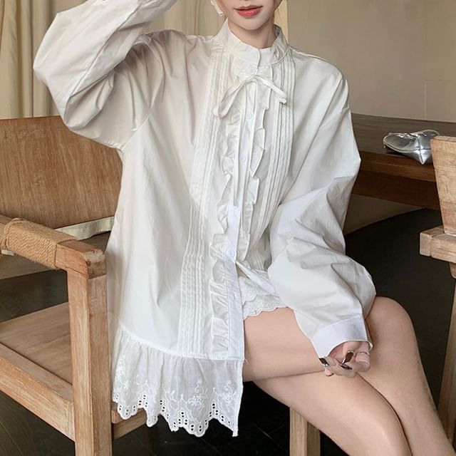 Stand Collar Eyelet Lace Pintuck Button-Up Blouse & Mini Skort