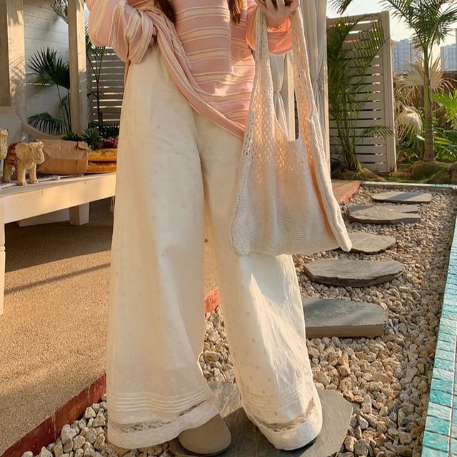 Striped Oversized Scoop Neck Tee & Lace Wide-Leg Pants