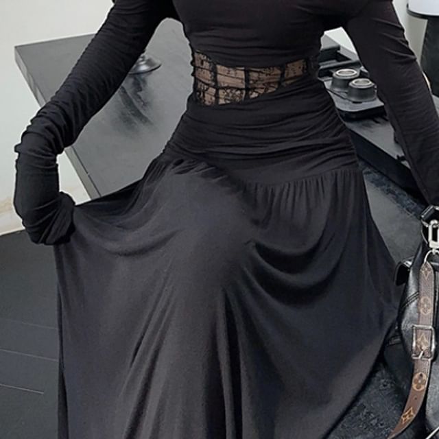 Off-Shoulder Lace Panel Crop Top & Ruched Maxi Skirt