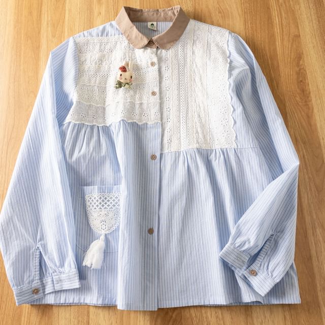 Contrast Collar Striped Lace Tassel Button-Up Blouse