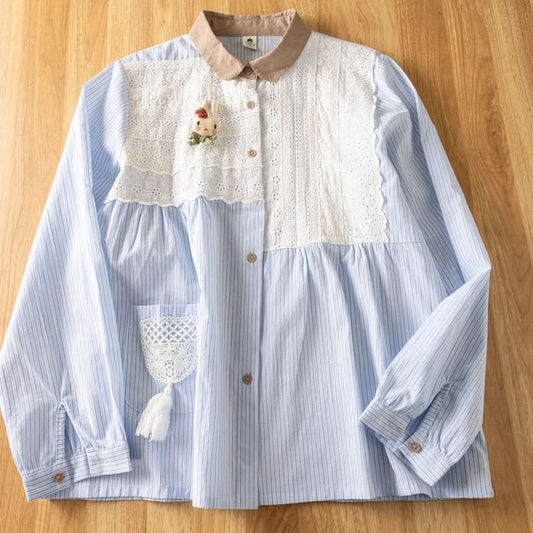 Contrast Collar Striped Lace Tassel Button-Up Blouse