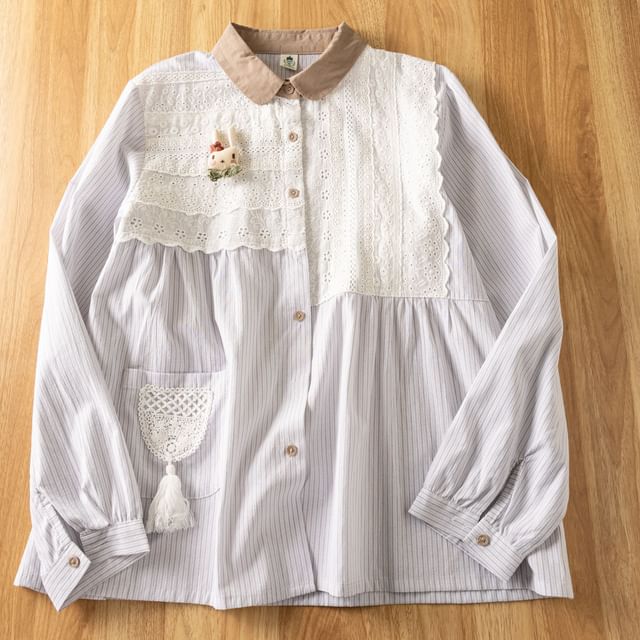 Contrast Collar Striped Lace Tassel Button-Up Blouse