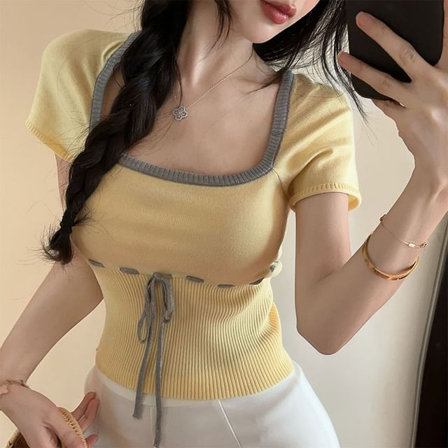 Queen Anne Neck Lace-Up Knit Crop Top