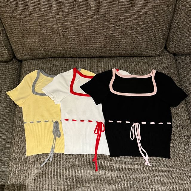 Queen Anne Neck Lace-Up Knit Crop Top