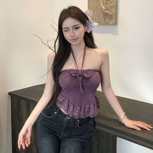 Halter Neck Lace Frill Crop Top