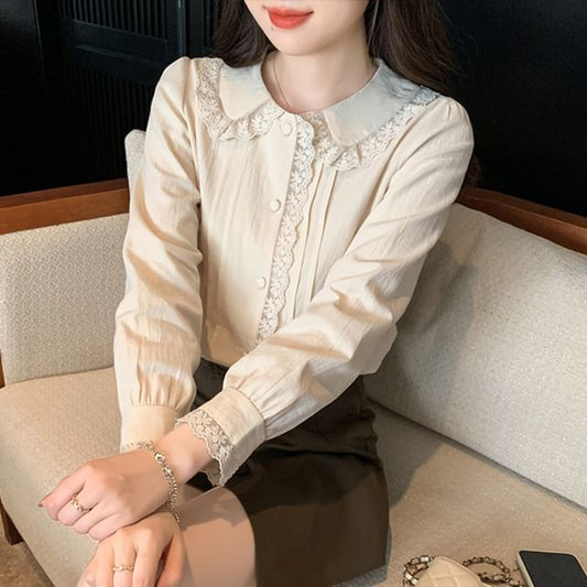 Collared Lace Panel Long-Sleeved Blouse