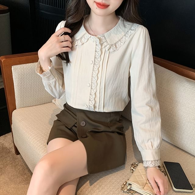 Collared Lace Panel Long-Sleeved Blouse