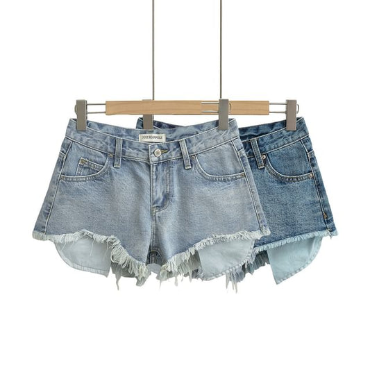 High Waist Distressed Tassel Trim Denim Shorts