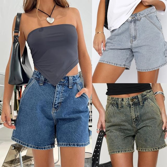 High Waist Washed Straight-Fit Denim Shorts