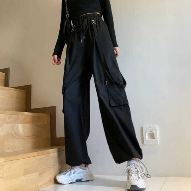 High Waist Plain Suspender Loose Fit Cargo pants