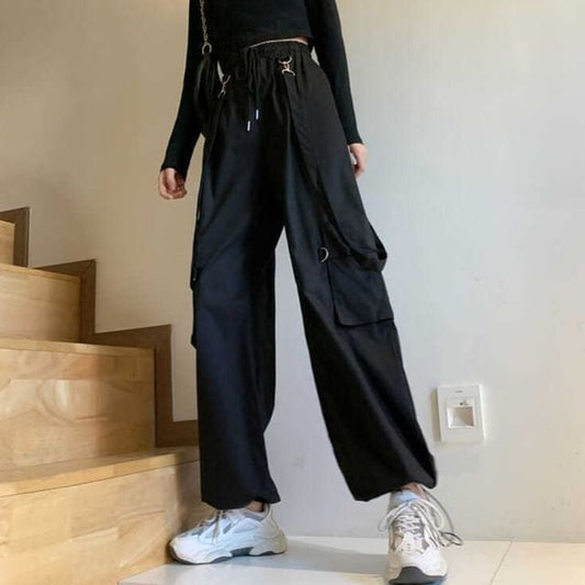 High Waist Plain Suspender Loose Fit Cargo pants