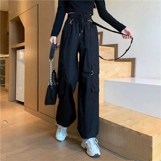 High Waist Plain Suspender Loose Fit Cargo pants