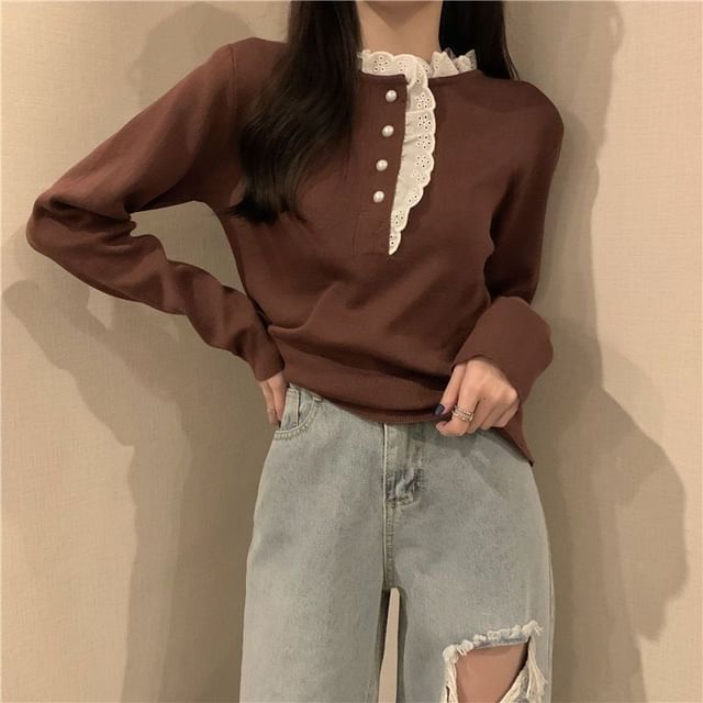 Stand Collar Lace Trim Half-Buttoned Knit Top
